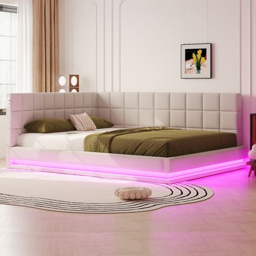 Lit Adulte 160x200 Cm Avec Bande Lumineuse LED, Port USB Et Sommier à Lattes, En Lin, Beige