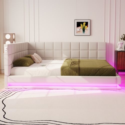 Lit Adulte 160x200 Cm Avec Bande Lumineuse LED, Port USB Et Sommier à Lattes, En Lin, Beige