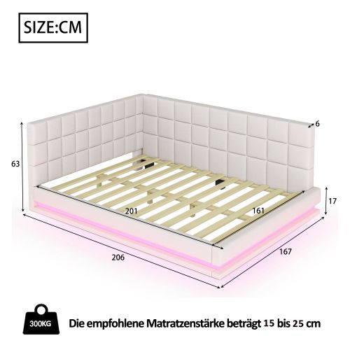 Lit Adulte 160x200 Cm Avec Bande Lumineuse LED, Port USB Et Sommier à Lattes, En Lin, Beige