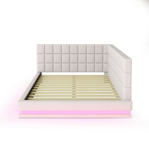 Lit Adulte 160x200 Cm Avec Bande Lumineuse LED, Port USB Et Sommier à Lattes, En Lin, Beige