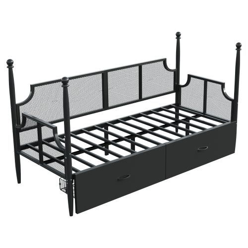 Lit En Fer 90x200 Cm Avec 2 Tiroirs, Dossier Et Accoudoirs En Résille De Style Vintage, Noir