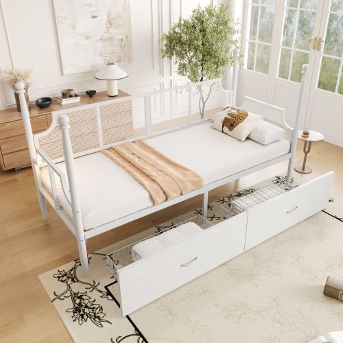 Lit En Fer 90x200 Cm Avec 2 Tiroirs, Dossier Et Accoudoirs En Résille De Style Vintage, Blanc