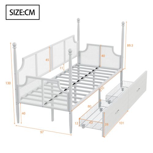 Lit En Fer 90x200 Cm Avec 2 Tiroirs, Dossier Et Accoudoirs En Résille De Style Vintage, Blanc