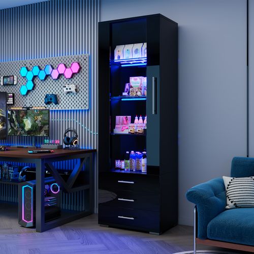 Vitrine Noire H.180 Cm Avec LED, Porte Acrylique Et 3 Tiroirs – Meuble D’exposition