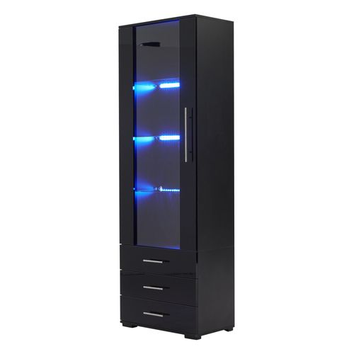Vitrine Noire H.180 Cm Avec LED, Porte Acrylique Et 3 Tiroirs – Meuble D’exposition