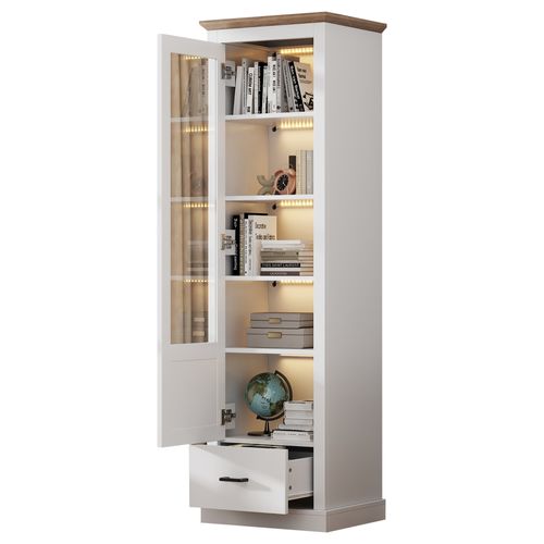 Vitrine Blanche Et Bois LED H.178 Cm Avec Tiroir Et 5 Étagères – Meuble De Rangement Pour Salon