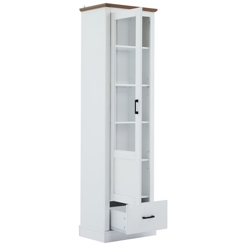 Vitrine Blanche Et Bois LED H.178 Cm Avec Tiroir Et 5 Étagères – Meuble De Rangement Pour Salon