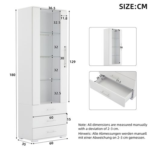 Vitrine LED Blanche H.180 Cm En Mdf Avec Porte Acrylique, 3 Tiroirs Et Étagères En Verre Trempé