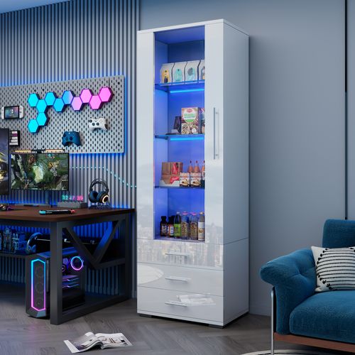 Vitrine LED Blanche H.180 Cm En Mdf Avec Porte Acrylique, 3 Tiroirs Et Étagères En Verre Trempé