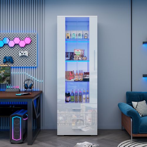Vitrine LED Blanche H.180 Cm En Mdf Avec Porte Acrylique, 3 Tiroirs Et Étagères En Verre Trempé