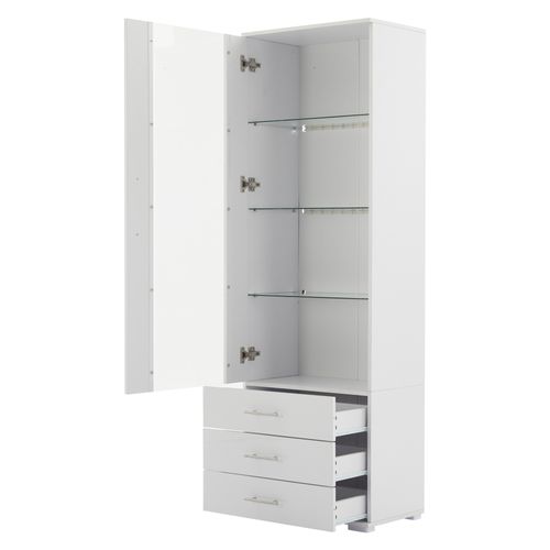 Vitrine LED Blanche H.180 Cm En Mdf Avec Porte Acrylique, 3 Tiroirs Et Étagères En Verre Trempé