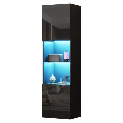 Vitrine Noire LED, 2 Portes Et Étagère En Verre Trempé – Rangement Élégant Et Moderne