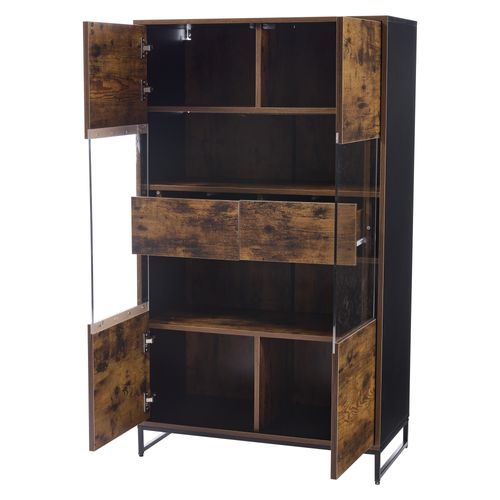 Vitrine De Rangement En Mdf Bois Et Noir, Avec LED Bluetooth, 2 Portes Acryliques Et 2 Tiroirs