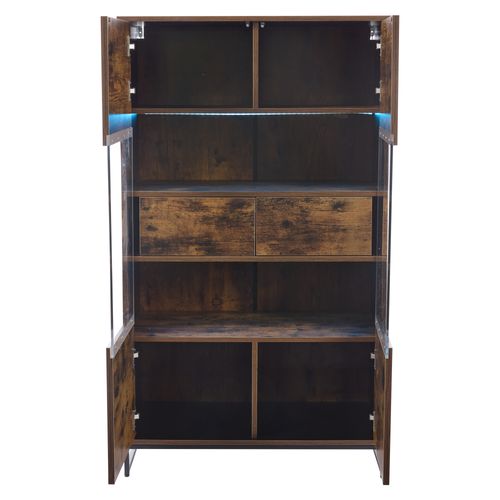 Vitrine De Rangement En Mdf Bois Et Noir, Avec LED Bluetooth, 2 Portes Acryliques Et 2 Tiroirs