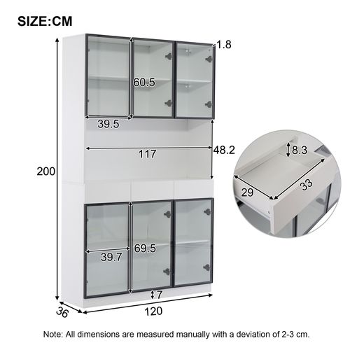 Vitrine Haute.200cm Blanche LED Avec 6 Portes Verre Trempé Et 3 Tiroirs De Rangement