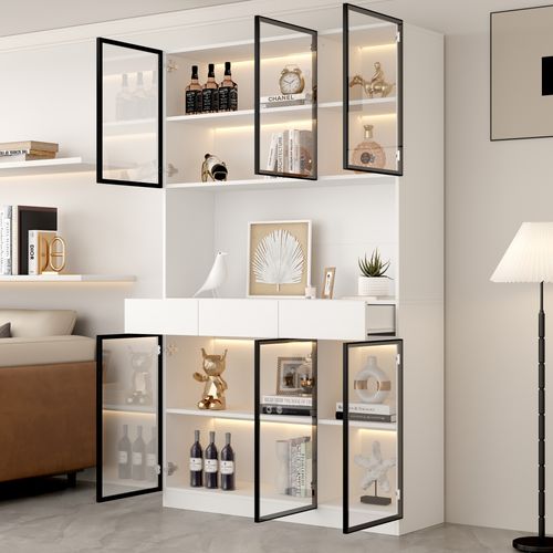 Vitrine Haute.200cm Blanche LED Avec 6 Portes Verre Trempé Et 3 Tiroirs De Rangement