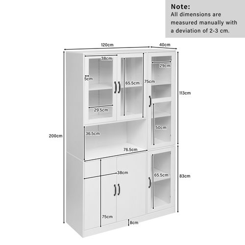 Vitrine Blanche H.200cm Avec LED, 4 Portes Acryliques, 2 Portes Bois Et 9 Espaces De Rangement