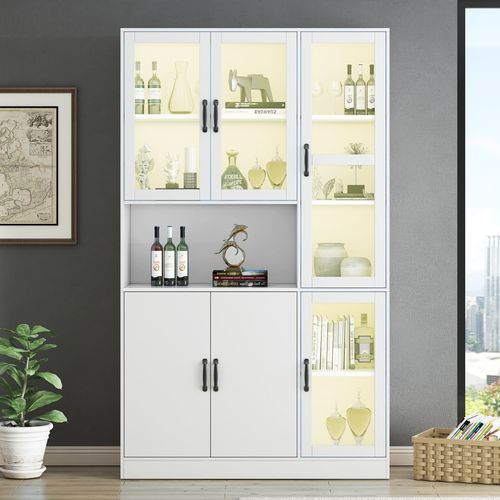 Vitrine Blanche H.200cm Avec LED, 4 Portes Acryliques, 2 Portes Bois Et 9 Espaces De Rangement