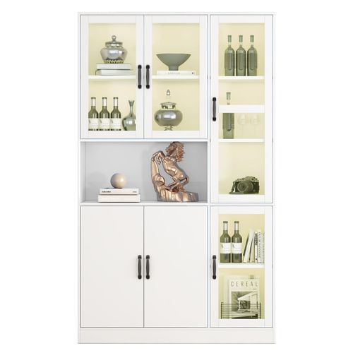 Vitrine Blanche H.200cm Avec LED, 4 Portes Acryliques, 2 Portes Bois Et 9 Espaces De Rangement