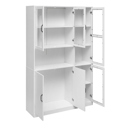 Vitrine Blanche H.200cm Avec LED, 4 Portes Acryliques, 2 Portes Bois Et 9 Espaces De Rangement