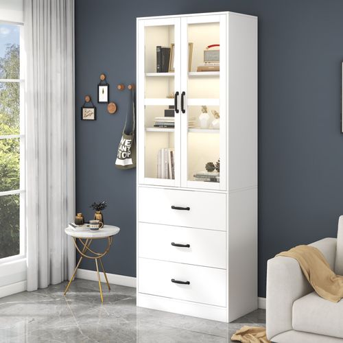 Vitrine Blanche LED 200 cm Avec 2 Portes Vitrées, Étagères Réglables Et 3 Tiroirs De Rangement