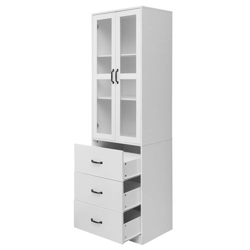 Vitrine Blanche LED 200 cm Avec 2 Portes Vitrées, Étagères Réglables Et 3 Tiroirs De Rangement