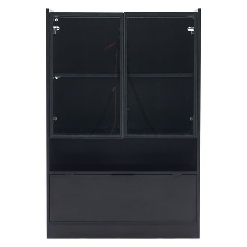 Vitrine Noire Élégante Avec LED, 2 Portes En Verre Trempé, Étagères Réglables