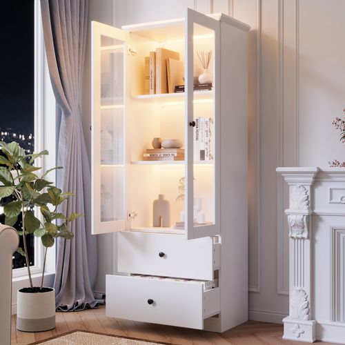 Vitrine Blanche LED Avec 2 Portes En Verre, Étagères Réglables Et 2 Tiroirs De Rangement