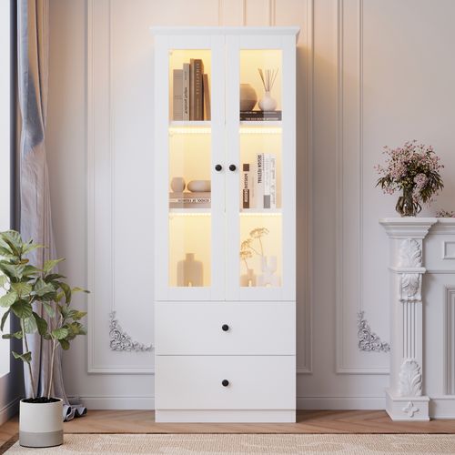 Vitrine Blanche LED Avec 2 Portes En Verre, Étagères Réglables Et 2 Tiroirs De Rangement