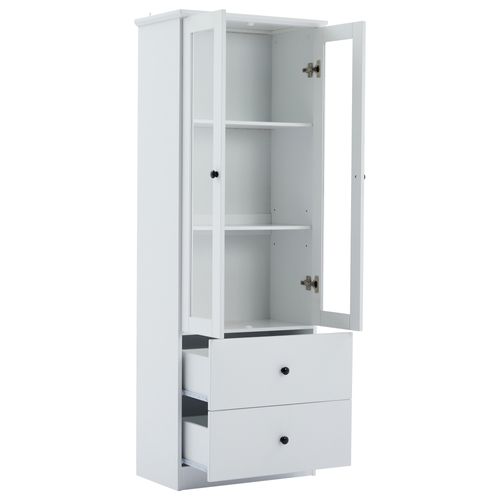 Vitrine Blanche LED Avec 2 Portes En Verre, Étagères Réglables Et 2 Tiroirs De Rangement