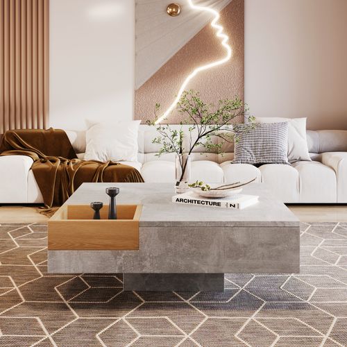 Table Basse Carrée Avec Boîte De Rangement Amovible, Mdf, 72x72x30 Cm - Gris Et Bois