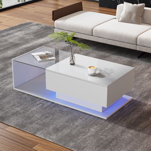 Table Basse Blanche Avec LED, 1 Tiroir Et Plateau Verre Brillant - Design Moderne - 100x50x32 Cm