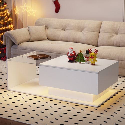 Table Basse Blanche Avec LED, 1 Tiroir Et Plateau Verre Brillant - Design Moderne - 100x50x32 Cm