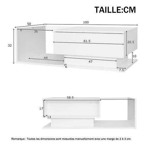 Table Basse Blanche Avec LED, 1 Tiroir Et Plateau Verre Brillant - Design Moderne - 100x50x32 Cm