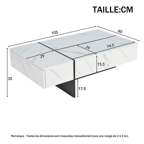 Table Basse Blanche Avec 3 Tiroirs Et LED Intégrée - Surface Brillante - 105x60x35 Cm