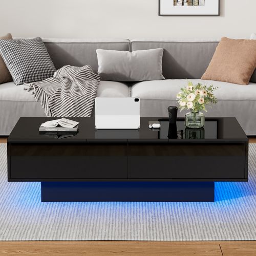 Table Basse Noire Avec 2 Tiroirs Et LED - Surface Laquée Brillante - 115x55x34 Cm