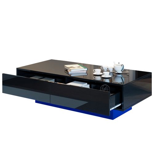 Table Basse Noire Avec 2 Tiroirs Et LED - Surface Laquée Brillante - 115x55x34 Cm