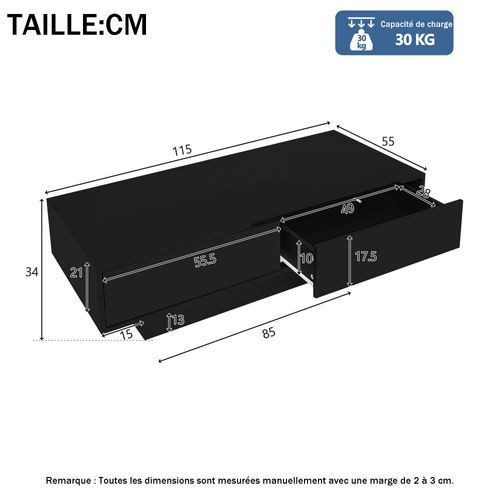 Table Basse Noire Avec 2 Tiroirs Et LED - Surface Laquée Brillante - 115x55x34 Cm