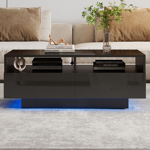 Table Basse Noire Avec 4 Tiroirs Et LED Télécommandé - Panneaux Brillants - 90x55x35 Cm