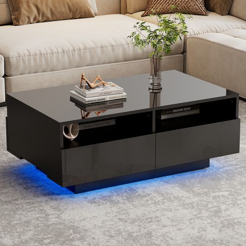 Table Basse Noire Avec 4 Tiroirs Et LED Télécommandé - Panneaux Brillants - 90x55x35 Cm