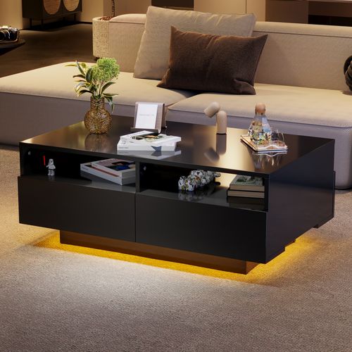 Table Basse Noire Avec 4 Tiroirs Et LED Télécommandé - Panneaux Brillants - 90x55x35 Cm