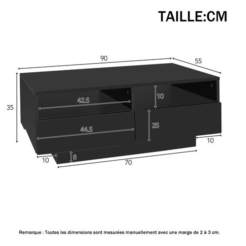 Table Basse Noire Avec 4 Tiroirs Et LED Télécommandé - Panneaux Brillants - 90x55x35 Cm