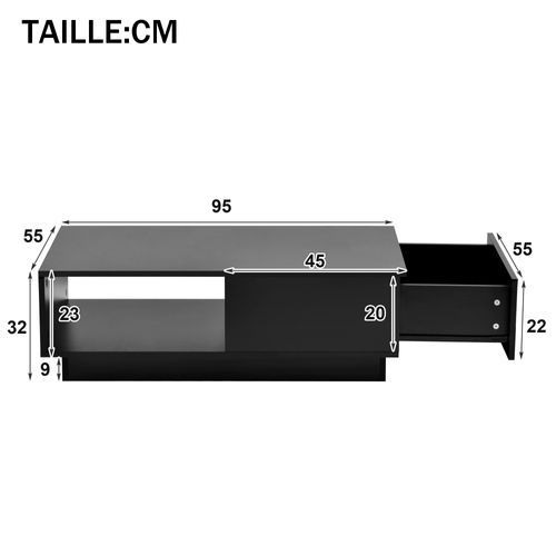 Table Basse Rectangulaire Avec LED Et 1 Tiroir - Mdf + Panneaux Particules - 95x55x32 Cm - Noir