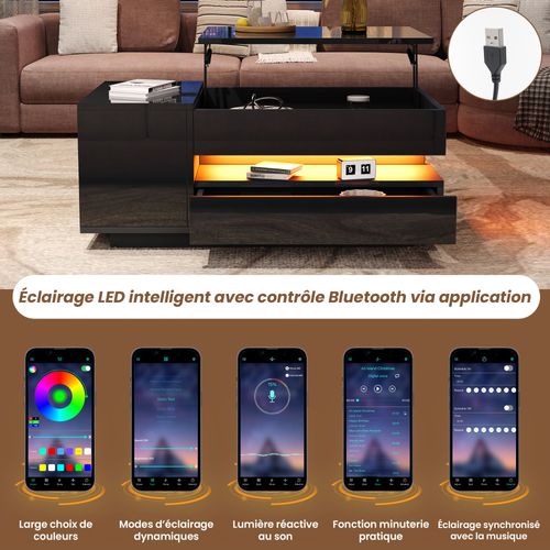 Table Basse Noire 95x50x34,5 Cm Plateau Relevable Avec Tiroir, Armoire Et LED Télécommandée