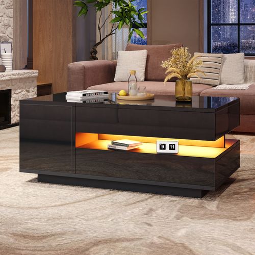 Table Basse Noire 95x50x34,5 Cm Plateau Relevable Avec Tiroir, Armoire Et LED Télécommandée