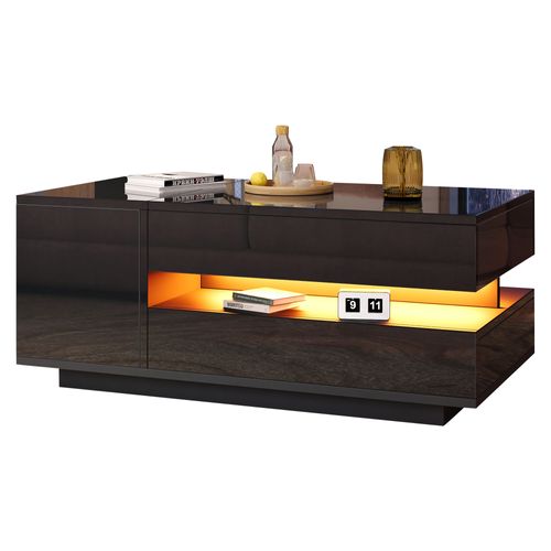 Table Basse Noire 95x50x34,5 Cm Plateau Relevable Avec Tiroir, Armoire Et LED Télécommandée