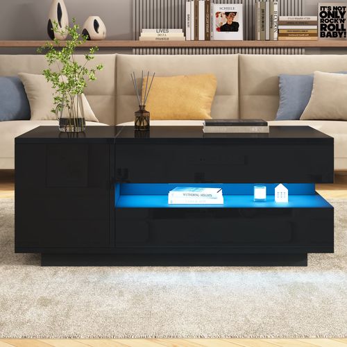 Table Basse Noire 95x50x34,5 Cm Plateau Relevable Avec Tiroir, Armoire Et LED Télécommandée