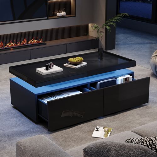 Table Basse Salon Avec 2 Tiroirs Et LED Via Appli Mobile - 95x45x35 Cm - Mdf - Noir