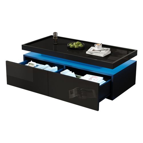 Table Basse Salon Avec 2 Tiroirs Et LED Via Appli Mobile - 95x45x35 Cm - Mdf - Noir