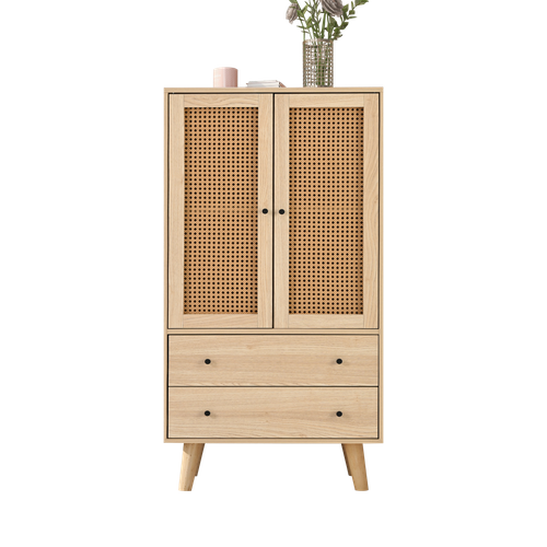 Buffet Haut Avec 2 Portes En Rotin Et 2 Tiroirs, 4 Compartiments - 60x40x120 Cm - Mdf - Naturel